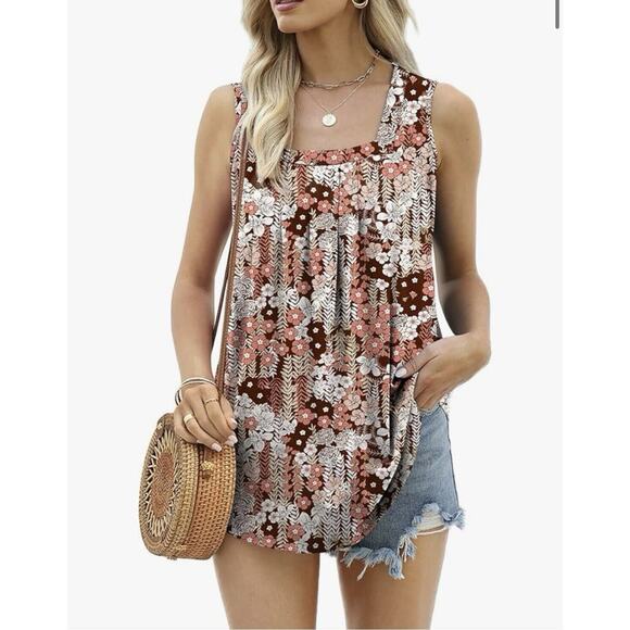 Women’s Floral Square Neck Pleated Front Sleeveless Tank‎ Size XL - Picture 1 of 3